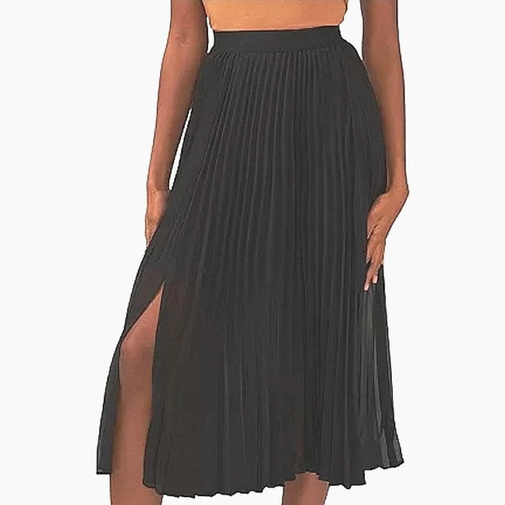 Pleated Black Midi Skirt with Side Slit